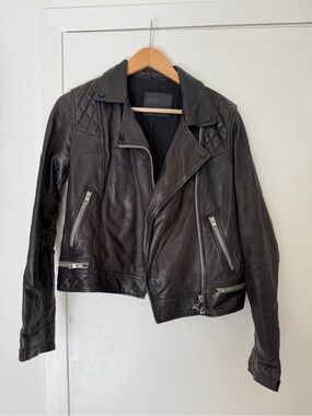 All Saints black quilted shoulder leather moto jacket